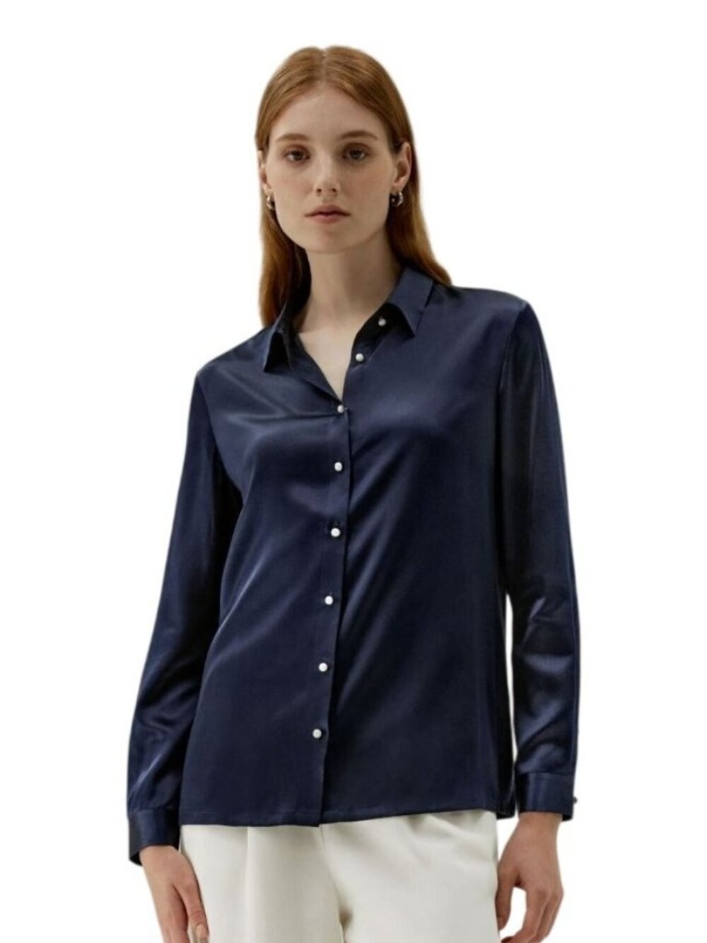 LilySilk Women's Button Front Top S Classic Pearl Mulberry Silk Navy Long Sleeve